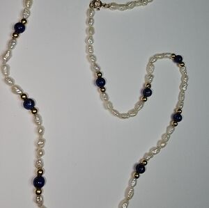Vintage 14K Gold/Freshwater Pearls/Blue Lapis 18" Necklace